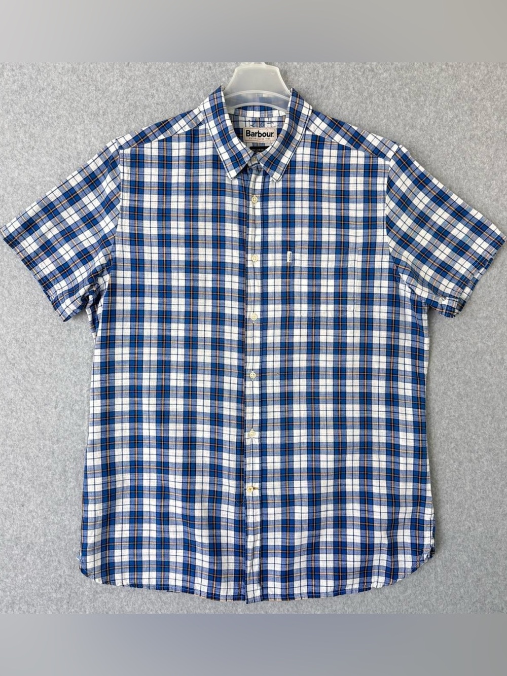 Barbour Mens Shirt Large Blue White Short Sleeves Button Down Cotton Casual READ